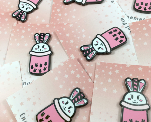 Bunny Boba Enamel Pins on Backing Cards