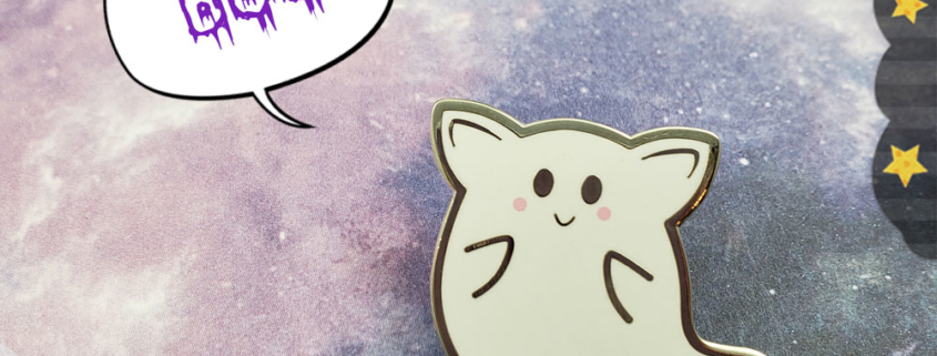 Ghost Cat Enamel Pin says Boo